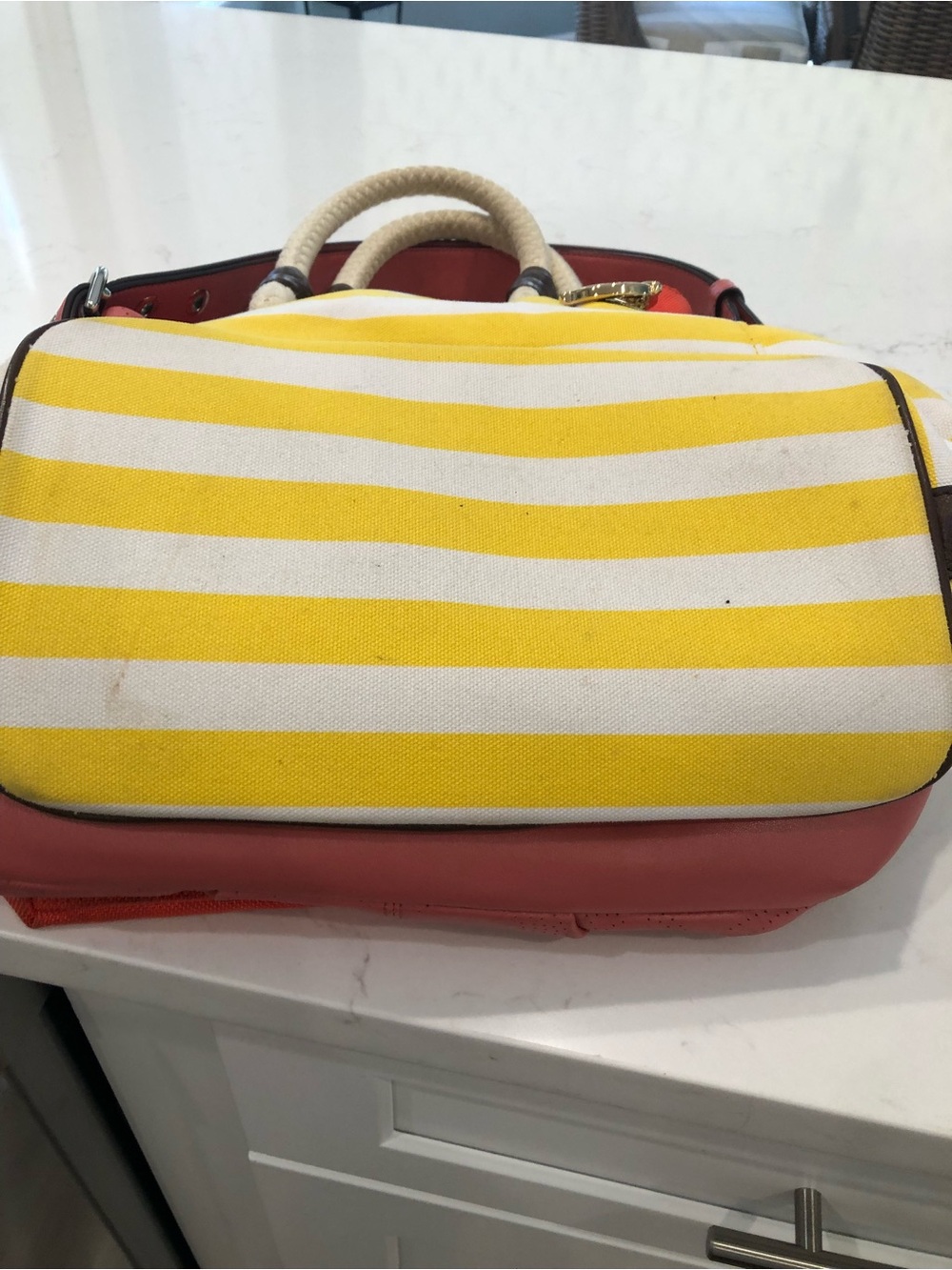 Michael Kors Yellow and White Striped Rope-Handle Tote - Picture 4 of 4